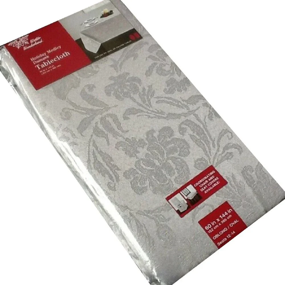 Holiday Medley Silver-Gray Damask 60x144 inch Fabric Tablecloth (Seats 12 to 14)